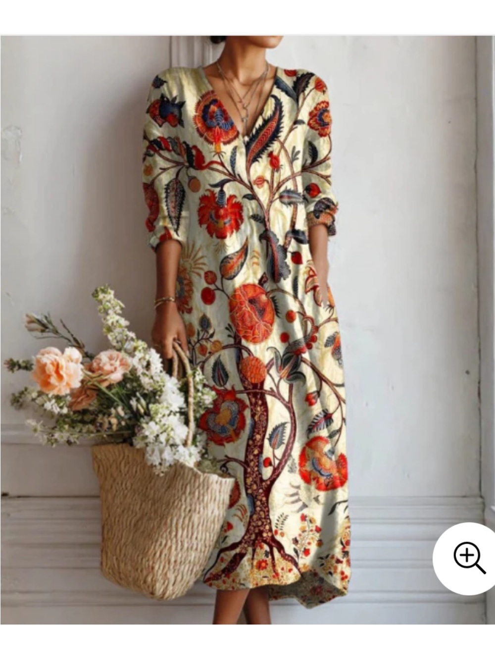 Floral V-Neck Midi Dress in Cream with Red & Orange Print